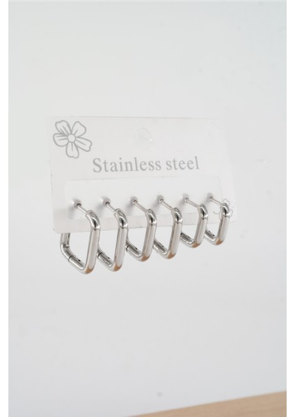 Kadın 316 L Çelik Anti Alerjenik Kare Model 3 Boy 1.8cm / 2.2 cm /2.5 cm Klipsli 6'lı Set Küpe