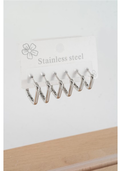 Kadın 316 L Çelik Anti Alerjenik Kare Model 3 Boy 1.8cm / 2.2 cm /2.5 cm Klipsli 6'lı Set Küpe modelleri