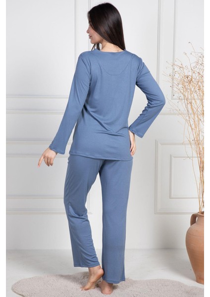 Mecit 6104 İndigo Kadın Büyük Beden Pijama Takımı modelleri