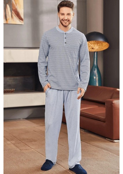 Mecit 22759 Mavi Şardonlu Kışlık Büyük Beden Erkek Pijama Takımı