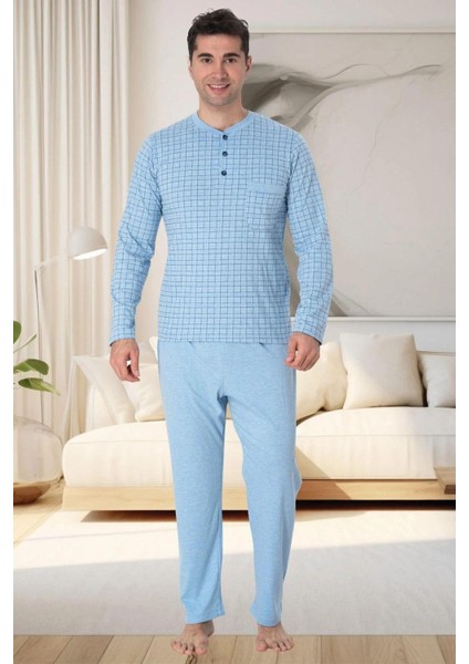 Mecit 22759 Mavi Şardonlu Kışlık Büyük Beden Erkek Pijama Takımı