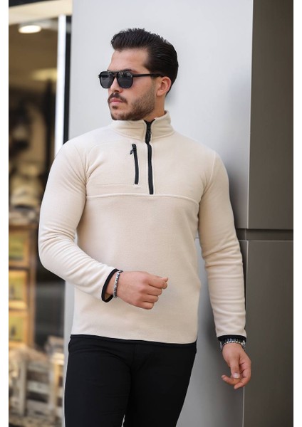 Yarım Fermuar Polar Krem