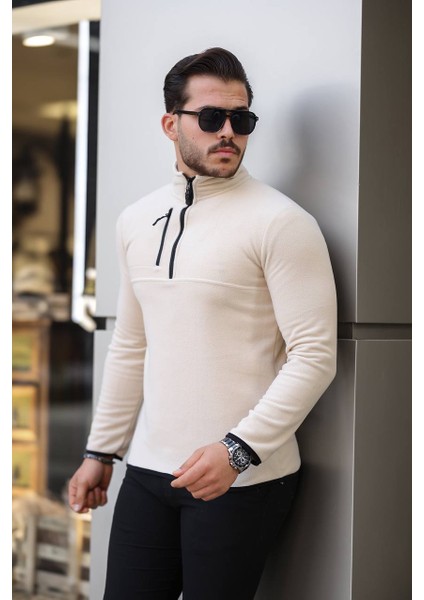 Yarım Fermuar Polar Krem modelleri