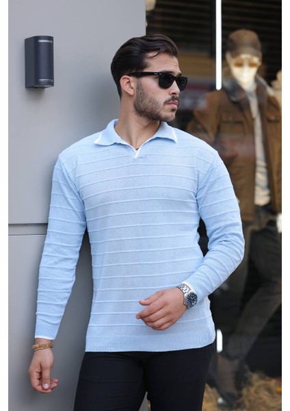 Tmb Hemşire Yaka Şeritli Triko Kazak Bebe Mavi