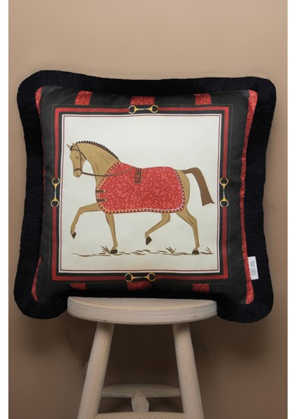 Siyah Kırmızı Çizgili At Desen 43 x 43 cm Kırlent Kılıfı