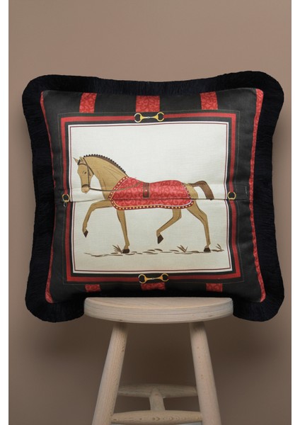 Siyah Kırmızı Çizgili At Desen 43 x 43 cm Kırlent Kılıfı