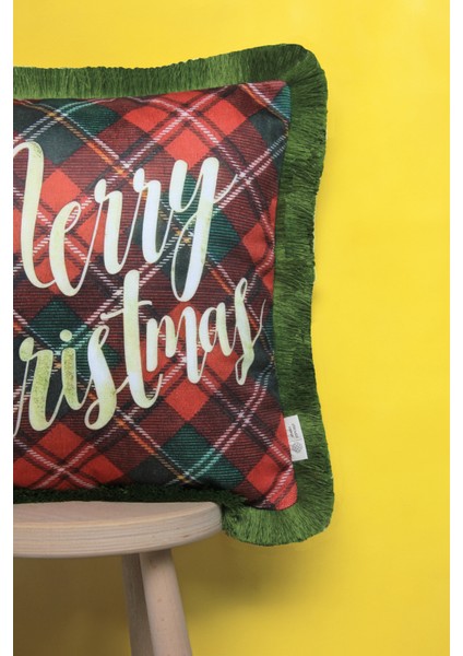 Kırmızı Püsküllü, Yılbaşı Merry Christmas Desen 43 x 43 cm Kare Kırlent Kılıfı modelleri