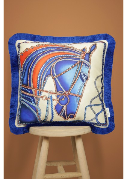 Saks Püsküllü, Blue Horse Theme Desen 43 x 43 cm Kare Kırlent Kılıfı