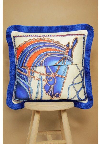 Saks Püsküllü, Blue Horse Theme Desen 43 x 43 cm Kare Kırlent Kılıfı