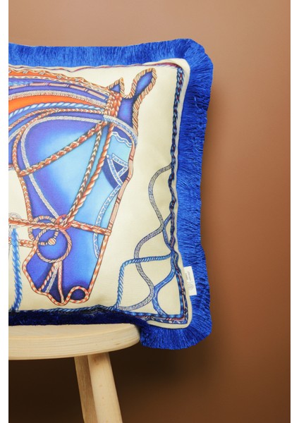 Saks Püsküllü, Blue Horse Theme Desen 43 x 43 cm Kare Kırlent Kılıfı