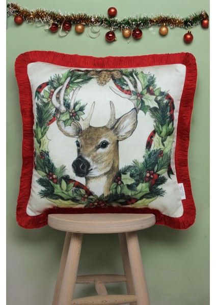 Kırmızı Püsküllü, Yılbaşı Geyik Desen 43 x 43 cm Kare Kırlent Kılıfı