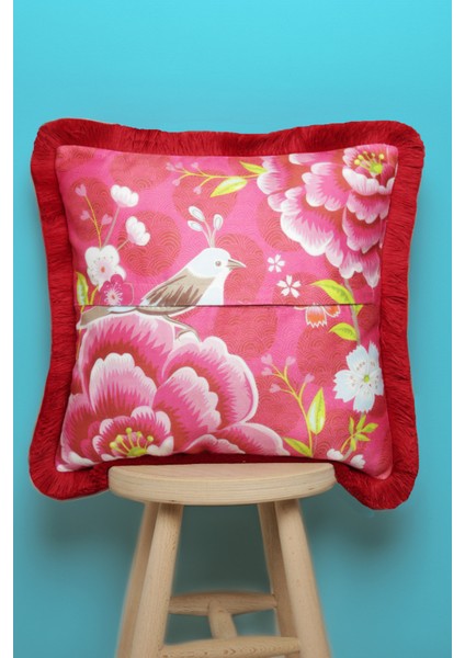 Kırmızı Püsküllü, Pink Bird Theme Desen 43 x 43 cm Kare Kırlent Kılıfı