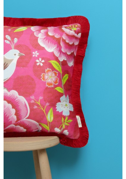 Kırmızı Püsküllü, Pink Bird Theme Desen 43 x 43 cm Kare Kırlent Kılıfı