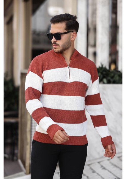 Parçalı Selanik Yarım Fermuar Kazak Kiremit