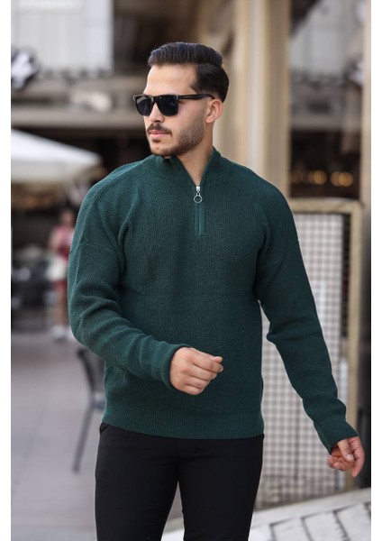 Selanik Yarım Fermuar Kazak Zümrüt Yeşili