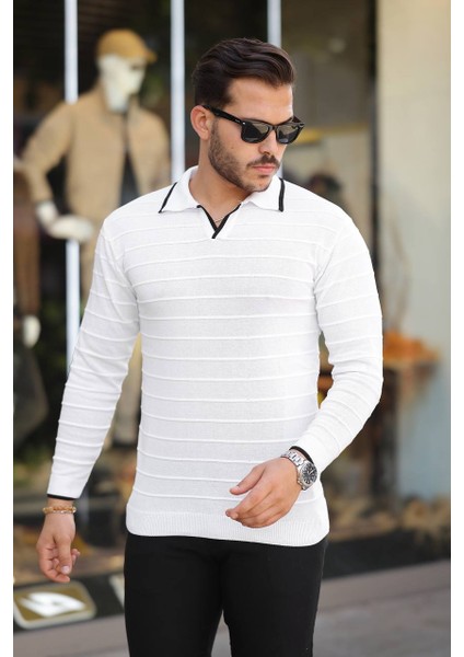 Tmb Hemşire Yaka Şeritli Triko Kazak Beyaz