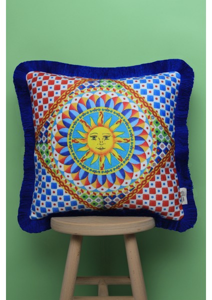 Saks Püsküllü, Güneş Desen 43 x 43 cm Kare Kırlent Kılıfı