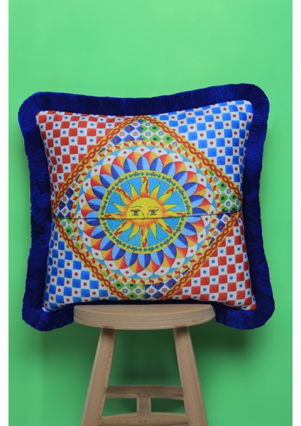 Saks Püsküllü, Güneş Desen 43 x 43 cm Kare Kırlent Kılıfı