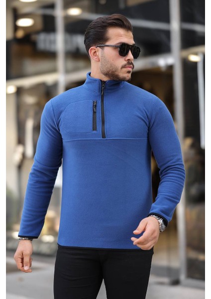 Yarım Fermuar Polar Saks Mavi