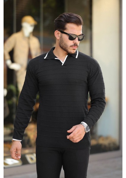 Tmb Hemşire Yaka Şeritli Triko Kazak Siyah