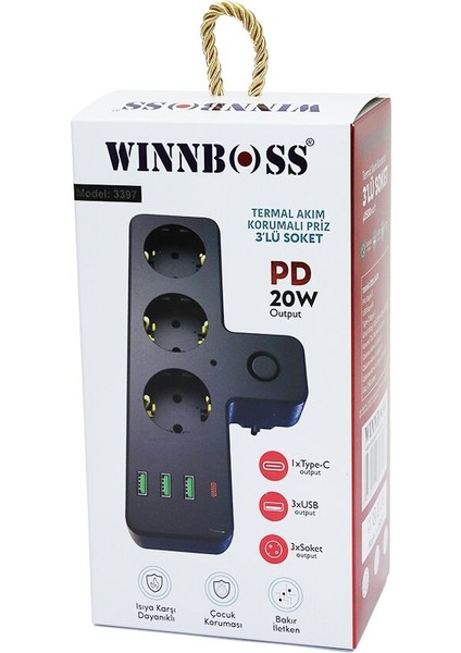 Siyah Termal Akım Korumalı 3 x Priz 3 x Usb - 1 x Type-C Duvar Tipi Priz (4767) - MCT1816-1612