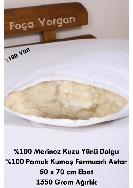 %100 Doğal Merinos Kuzu Yünü Dolgulu Kokusuz Yıkanabilir Yün Yastık (50 x 70 cm Ebat - 1350 gr)