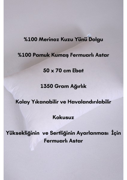 %100 Doğal Merinos Kuzu Yünü Dolgulu Kokusuz Yıkanabilir Yün Yastık (50 x 70 cm Ebat - 1350 gr)