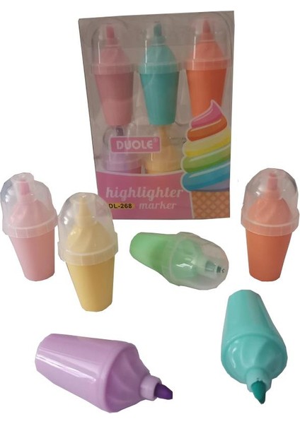 Dondurmalı Fosforlu Kalem 1 Paket 6 Renk Dondurma Figürlü Işaret Kalemi Mini 6 Lı Fosforlu Kalem