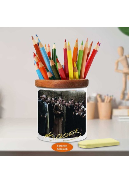 Mustafa Kemal Atatürk Ahşap Seramik Kalemlik-Ataturk (991)