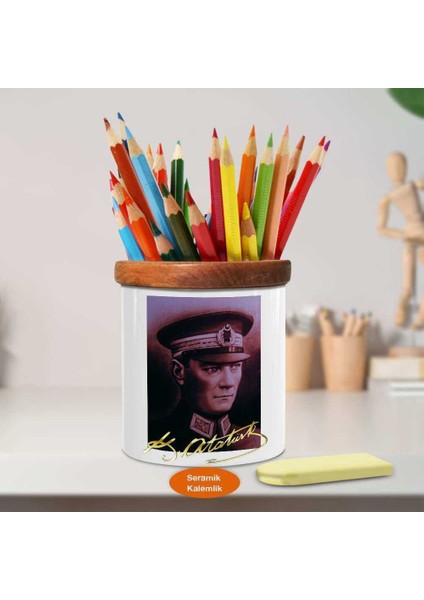 Resmi Üniformalı Mustafa Kemal Ahşap Seramik Kalemlik - P24 fiyatları