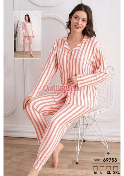 Renk ve Desen Seçenekli Dokuma Kumaş Önden Düğmeli Kadın Pijama Takımı 69751
