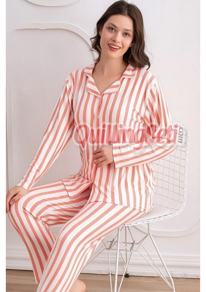 Renk ve Desen Seçenekli Dokuma Kumaş Önden Düğmeli Kadın Pijama Takımı 69751
