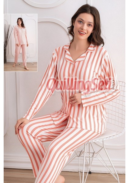 Renk ve Desen Seçenekli Dokuma Kumaş Önden Düğmeli Kadın Pijama Takımı 69751