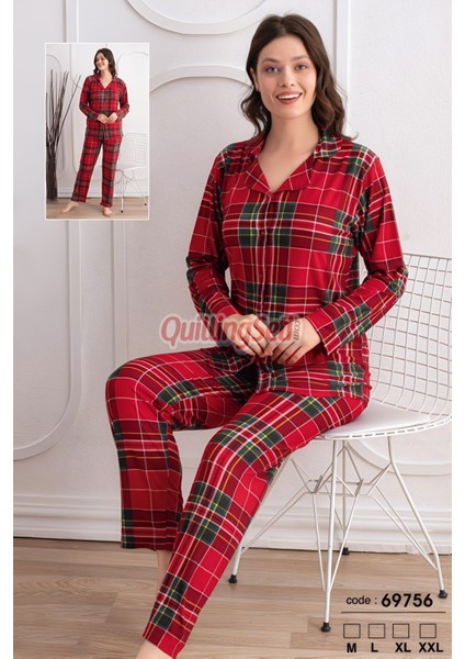Renk ve Desen Seçenekli Dokuma Kumaş Önden Düğmeli Kadın Pijama Takımı 69751