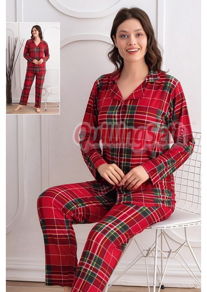Renk ve Desen Seçenekli Dokuma Kumaş Önden Düğmeli Kadın Pijama Takımı 69751