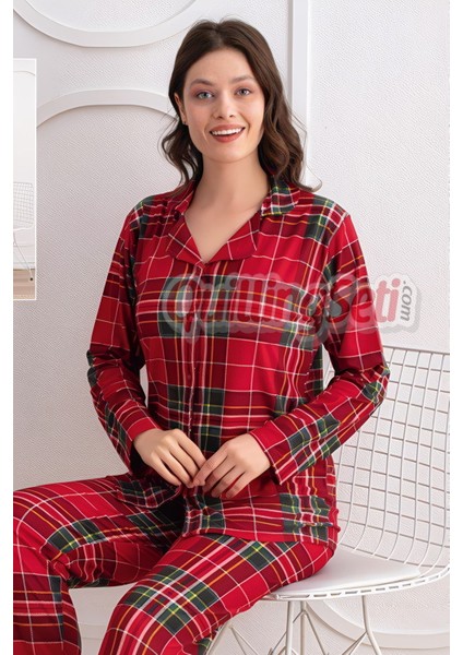 Renk ve Desen Seçenekli Dokuma Kumaş Önden Düğmeli Kadın Pijama Takımı 69751