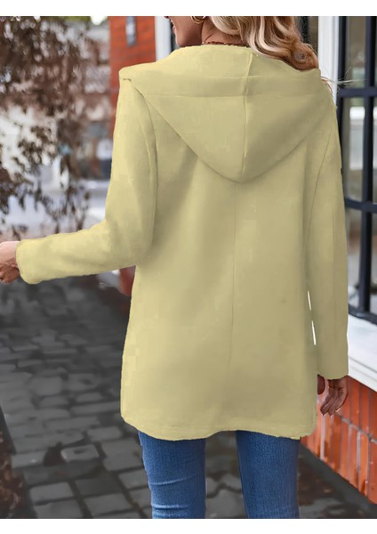 Aknbutik Kadın Uzun Kollu Kapşonlu Önden Fermuarlı Uzun Üç Iplik Ceket