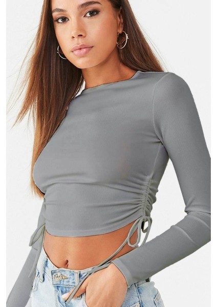 Aknbutik Kadın Uzun Kollu Yanlar Büzgü Detay Kaşkorse Crop fiyatları