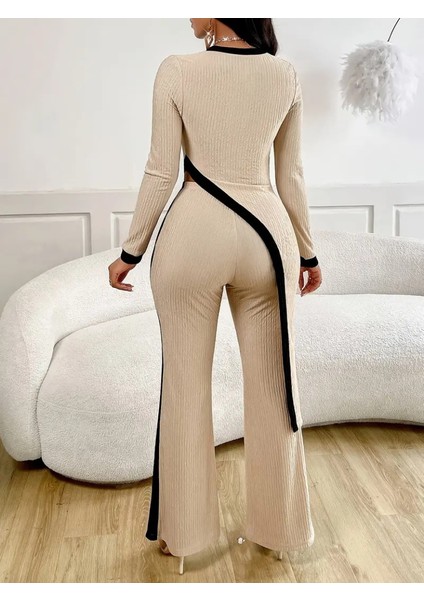 Aknbutik Kadın Uzun Kollu Bisiklet Yaka Asimetrik Kesim Bluz Şardonlu Kaşkorse Bluz ve Pantolon Ikili Takım modelleri
