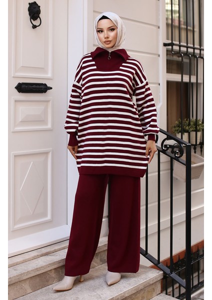 Yaka Fermuarlı Çizgili Triko Takım 11029-06 Bordo