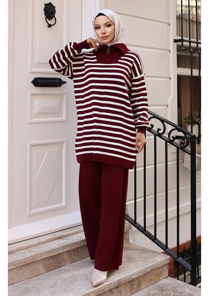 Yaka Fermuarlı Çizgili Triko Takım 11029-06 Bordo fiyatları