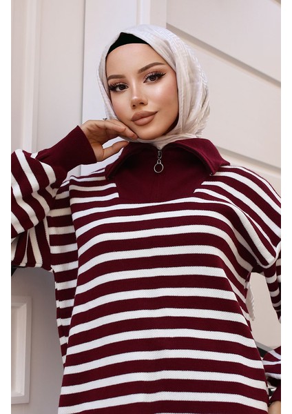 Yaka Fermuarlı Çizgili Triko Takım 11029-06 Bordo modelleri