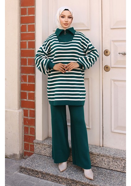 Yaka Fermuarlı Çizgili Triko Takım 11029-01 Zümrüt Yeşili
