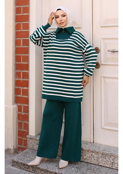 Yaka Fermuarlı Çizgili Triko Takım 11029-01 Zümrüt Yeşili fiyatları