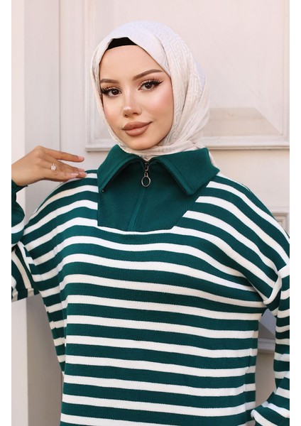 Yaka Fermuarlı Çizgili Triko Takım 11029-01 Zümrüt Yeşili modelleri