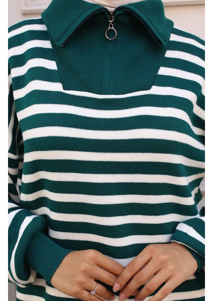 Yaka Fermuarlı Çizgili Triko Takım 11029-01 Zümrüt Yeşili fırsatları