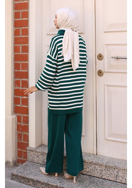 Yaka Fermuarlı Çizgili Triko Takım 11029-01 Zümrüt Yeşili indirimleri