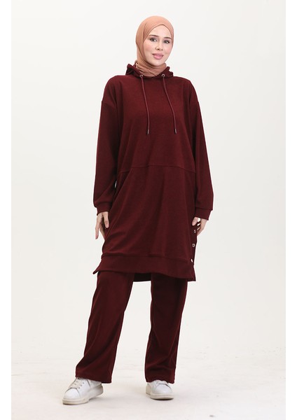 Astana Kumaş Kapüşonlu Tunik Pantolon Ikili Takım 0553-04 Bordo fiyatları