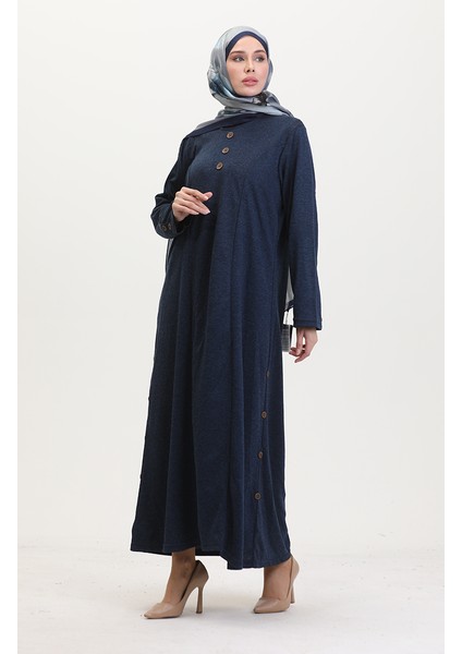 Büyük Beden Düğme Detaylı Elbise 0533-05 Lacivert