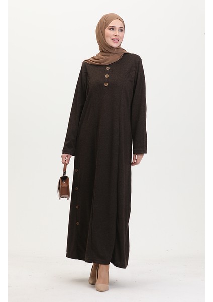 Büyük Beden Düğme Detaylı Elbise 0533-02 Kahverengi